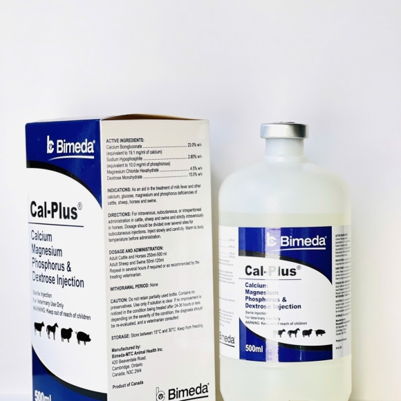 CAL PLUS - Giúp điều trị:  Sốt sữa (milk fever)  .Thiếu hụt canxi, glucose, magiê và phốt pho trên gia súc, cừu, heo và ngựa.