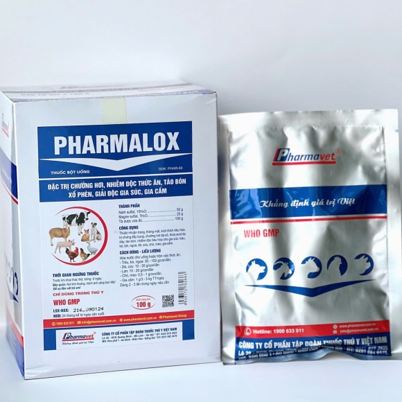 PHARMALOX - ĐẶC TRỊ CHƯỚNG HƠI, NHIỄM ĐỘC THỨC ĂN, TÁO BÓN XỔ PHÈN, GIẢI ĐỘC GIA XÚC, GIA CẦM 